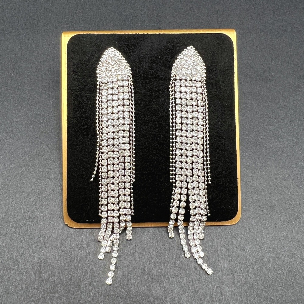 Rhinestone Fringe Earrings Silver Tone Crystal Long Elegant Wedding Prom Gala